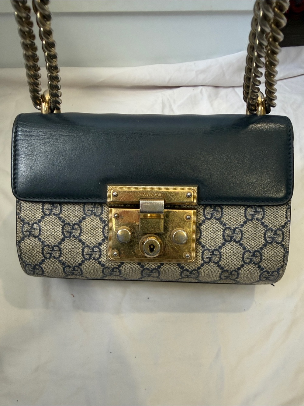 Gucci Navy Leather & GG Canvas Chain Shoulder Bag